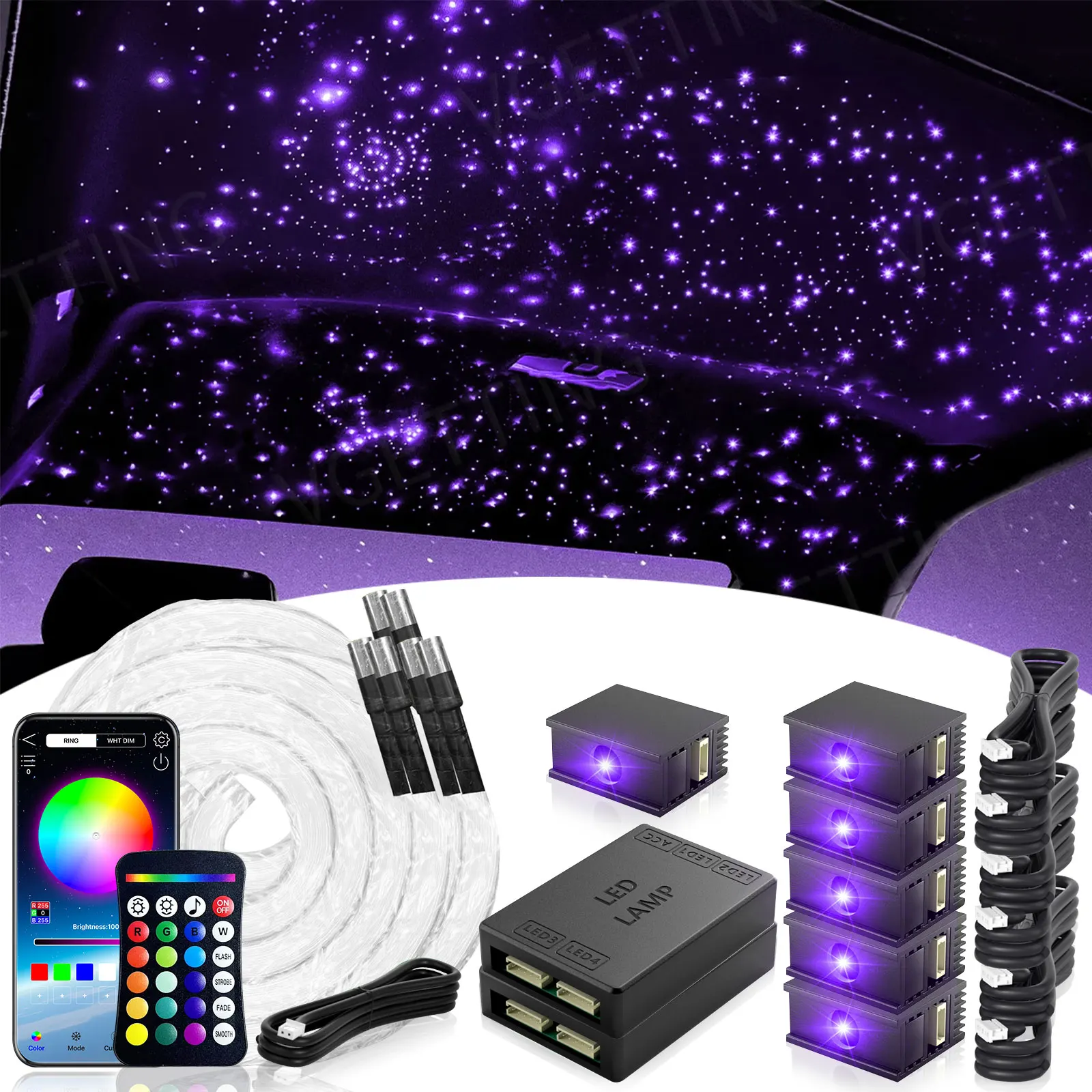 

Комплект оптоволоконного звездного освещения RGBW с раздельными волокнами, управление через приложение и пульт ДУ, подходит для автомобильного освещения «Звездное небо»