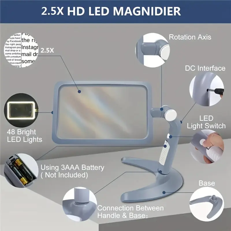 ALIM-Hands-Free Bracket 2.5X Magnifier Glass 1Pc With 48 Leds 3 Light Modes For Elderly Reading