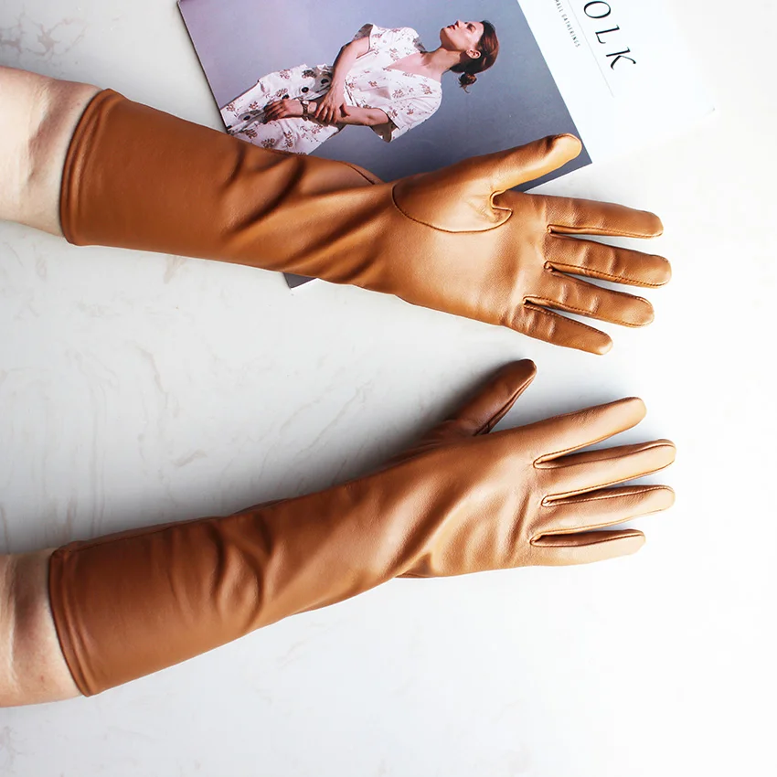 女性用ロングレザーグローブ-カラフルな羊皮タッチスクリーン対応-薄いシルク裏地付き-春と秋の運転用手袋