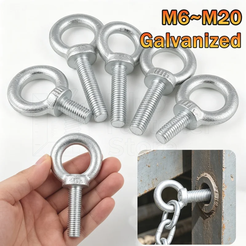 1/2/5pcs M6 M8 M10 M12 M14 M16 M18 M20 Galvanized Eye Bolt Marine Lifting Eye Screw Ring Loop Hole for Cable Rope Eyebolt DIN580