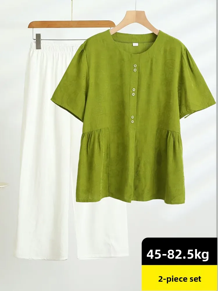 

Summer Silk Short Sleeve Set Women round Neck Loose Home Clothes Can Be Worn outside T-Shirt Casual Pants Two-Piece Set