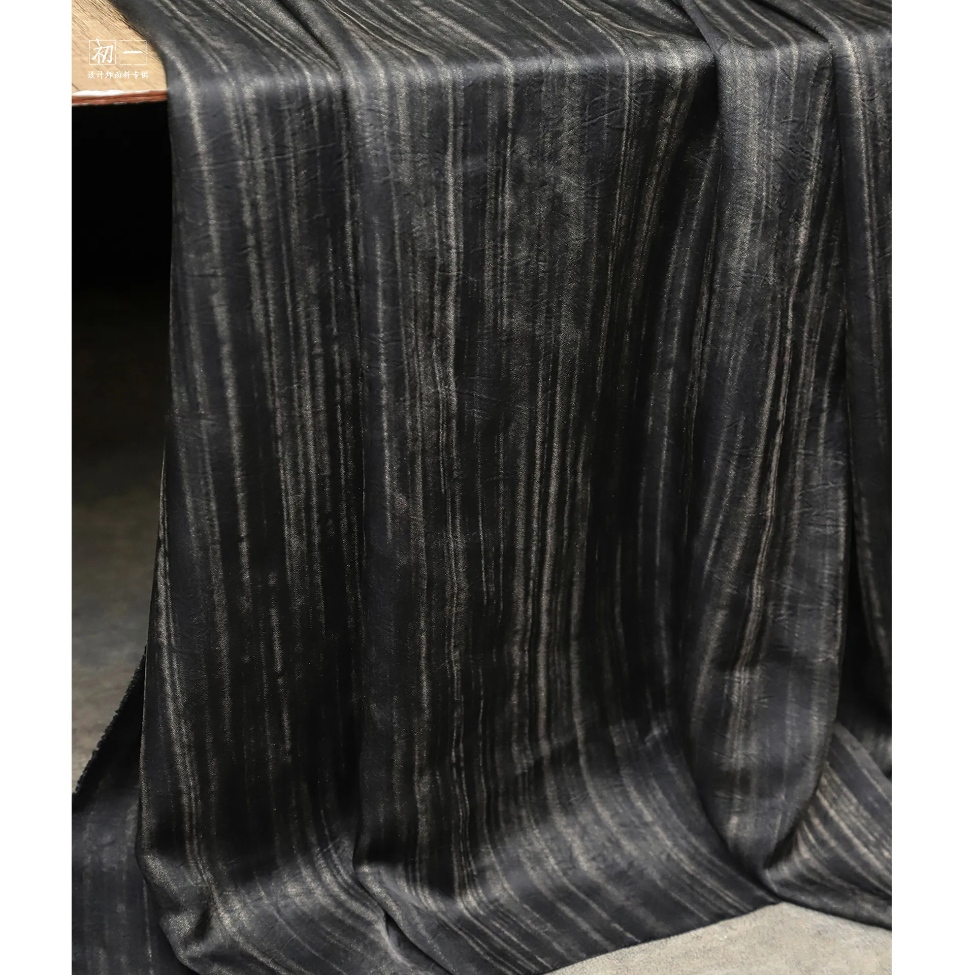 Black Mottled Vintage Bronzing Stripes Imitation Acetic Acid Satin Soft Draping Culottes Shirt Clothing Design Fabric