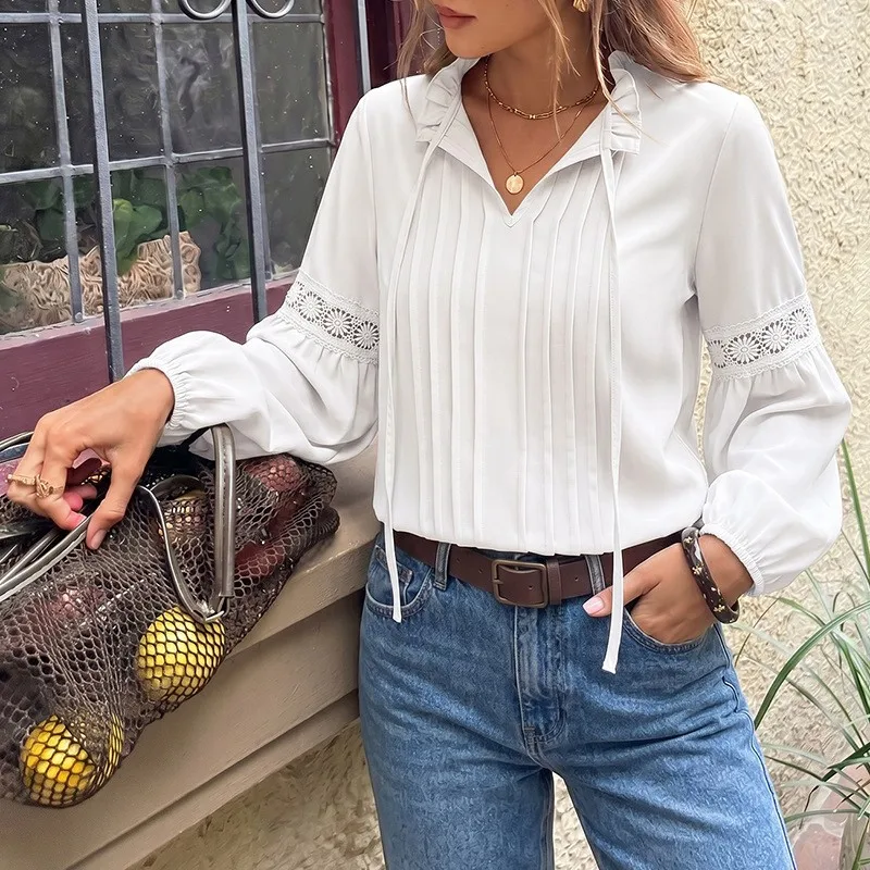 Women's V Neck Solid Color Tie Front Patchwork Woven Blouse Tops For Women Shirt Women's And Shirts Women's Shirt White Lace