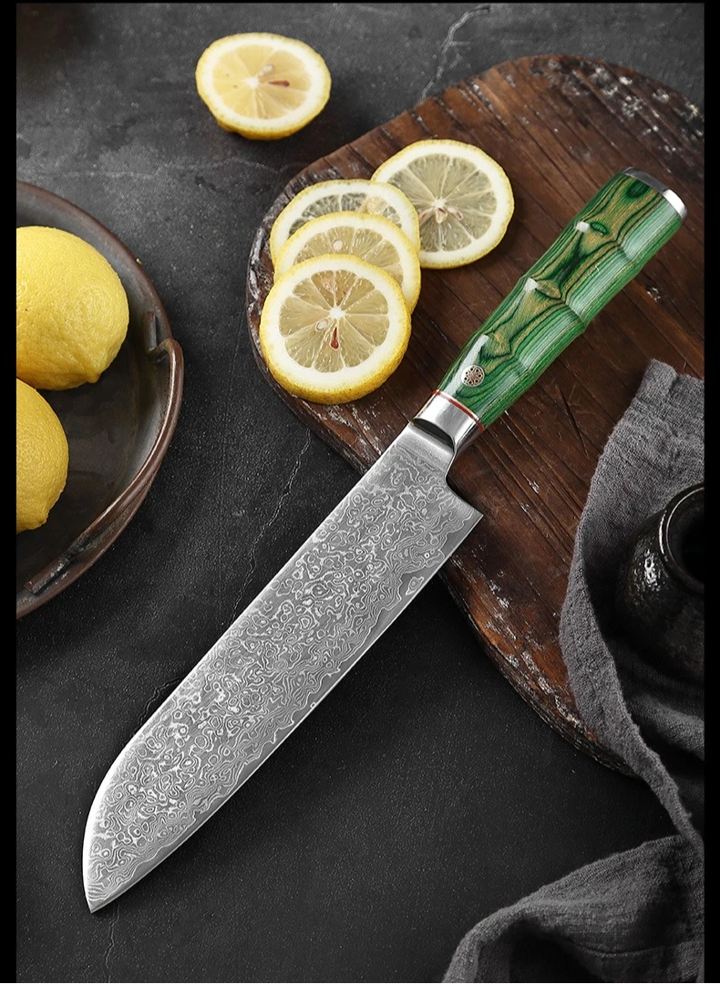 RHON 7inch S/S10Cr15 Core Damascus Steel Santoku Knife Japanese Chef's Kitchen Meat Slicing Vegetable Cutting Utility Knives