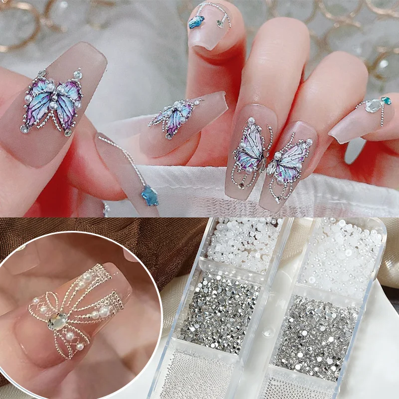 6 Grids/Box Nail Rhinestones Multi Size Silver Metal Pearls Nail Art DIY Charm Accessories 3D Mini Manicure Art Decoration