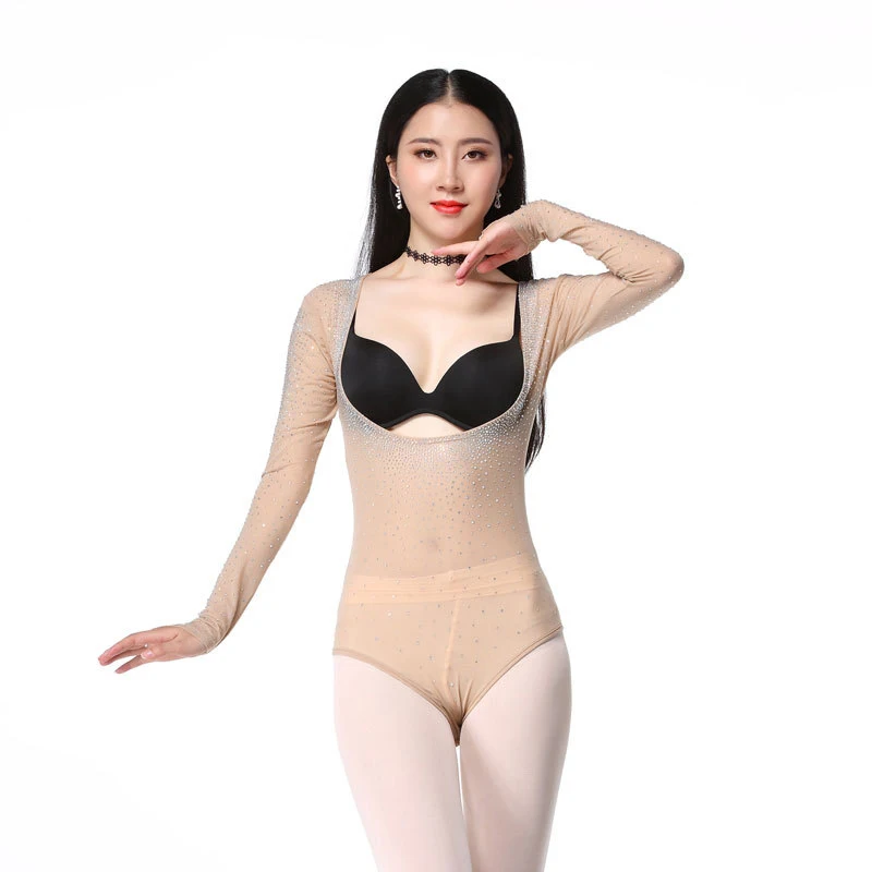 Plus Kích Thước Một Bộ Leotard Nữ Múa Phụ Kiện Tay Dài Cao Cấp Đáy Áo Múa Bụng Bodysuit Khoan HOT