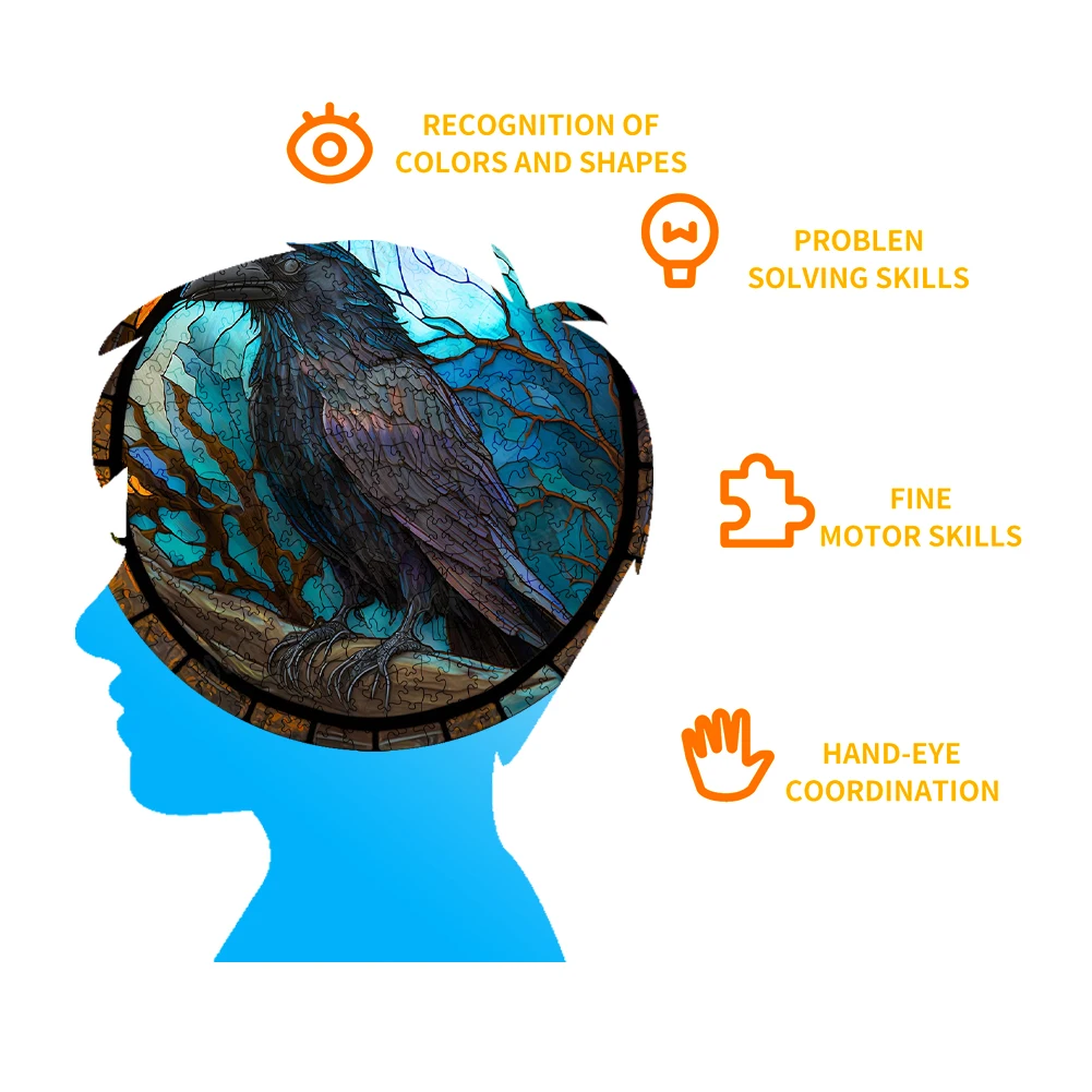 Misterioso Puzzle in legno dipinto uccello nero divertente giocattolo Puzzle in legno animale giochi intelligenti Puzzle a forma rotonda miglior regalo per bambini