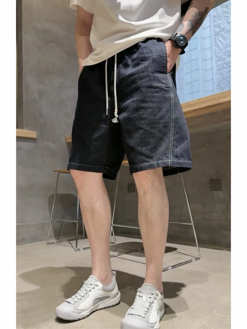 Summer Men's Casual Loose Fit Denim Shorts Heavy Washed Cotton Pure Color Soft Five-Quarter Length Trendy mid Waist