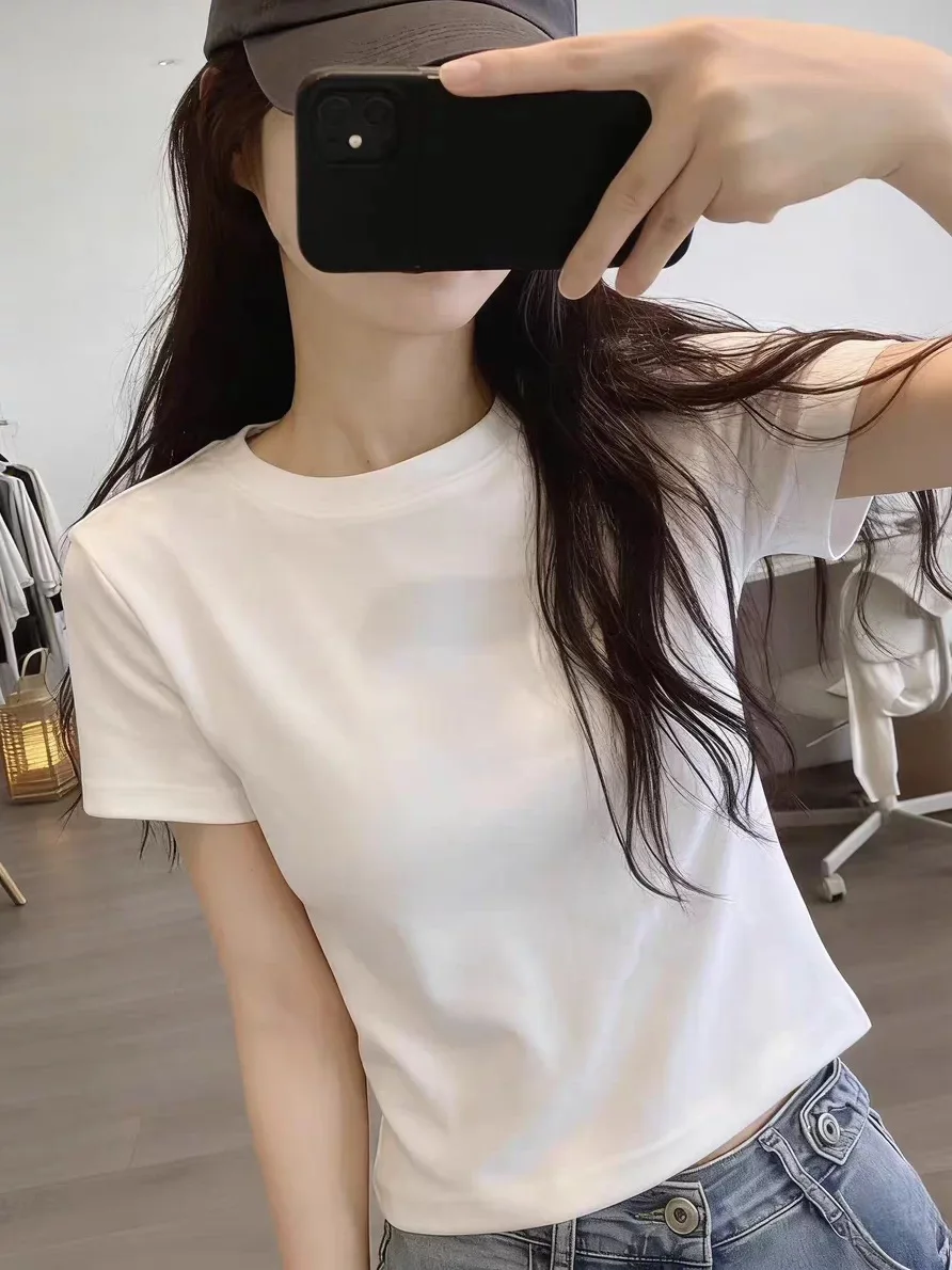 White Slim Fit Short Sleeve T-Shirt Women's Spring Summer New Style Fashionable Commute Top round Neck Cotton Blend Moisture ...