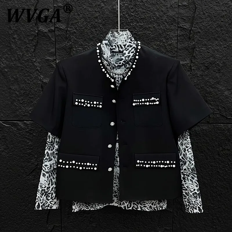 

WVGA Spring Summer New Man's Dark Punk Coats Niche Design Fashion Pearl Pockets Short Sleeve Jacket Chic Casual Blazer Ins W7425