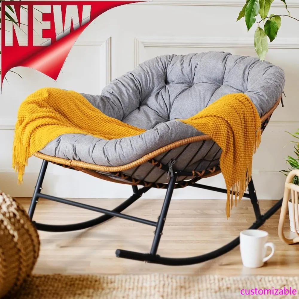 Top Fashion-Oversized Patio Rocking Chair, Papasan Rocking Chair Indoor Outdoor Use, Lounge Chair With Cushion, Egg Rocker Chair