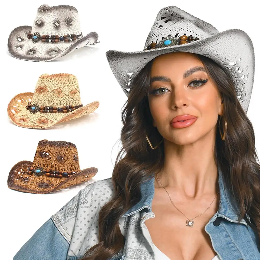 Strand-Cowboyhut im Ethno-Stil für den Außenbereich mit dekorativen Vintage-Bändern, Strand-Sonnenhut mit breiter Krempe, Western-Cowgirl-Hut für den Urlaub