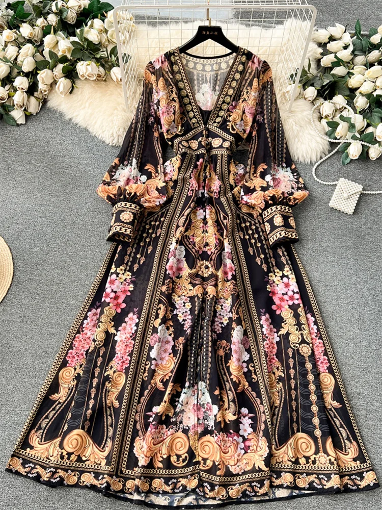 New In Long Dresses For Women V Neck Front Button Up Elegant Party Maxi Dress Long Sleeve Vintage Floral Print Holiday Dress