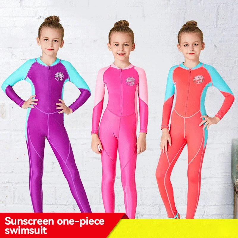 

Children's Sunscreen Swimsuit One-piece Long-sleeved Colorful Girls Quick-drying Jellyfish Suit Kids surfing snorkeling Swimwear