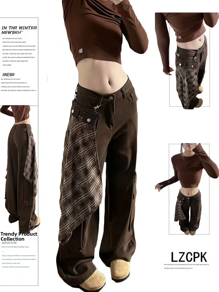 

Американский Sle, повседневный клетчатый шарф, рабочие брюки, женские свободные утягивающие повседневные брюки длиной до пола, винтажный дизайн