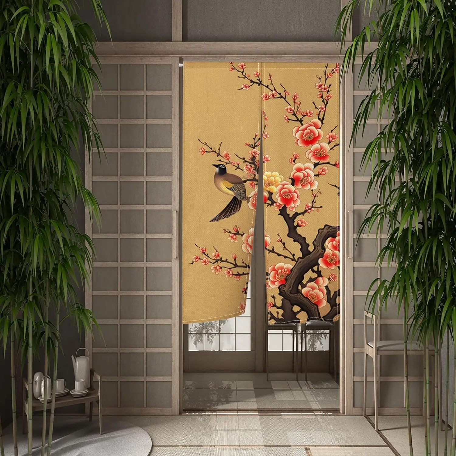 Chinese Style Bloom Tree Door Curtain Japanese Noren Doorway Curtain Tapestry Window Treatment Cotton Linen for Wall Hanging