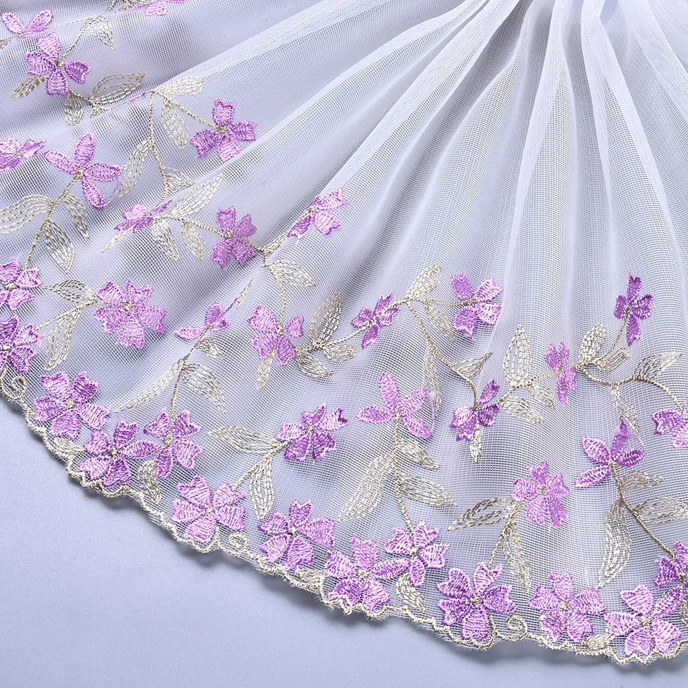 2Yards Pink Purple Embroidered Lace Trim Net Embroidery Lace Fabric Mesh DIY Lace Sewing Fabric Bra Crafts for Needle Work 21cm