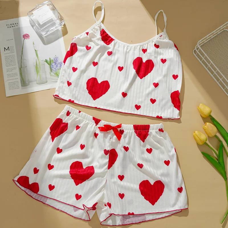 Sleepwear for Woman with Heart-shaped Printed Suspender Shorts and Casual Women's Sleepwear Set