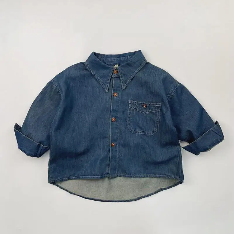 

2024 Spring New Children Long Sleeve Denim Jacket Boys Lapel Cardigan Coat Kids Girls Casual Outerwear Solid Baby Clothes