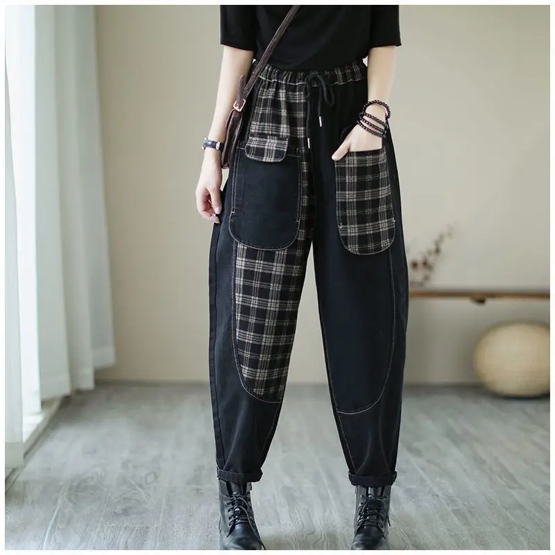 Large Pocket Checkered Jeans Women Spring Autumn New long Pants Womens loose Casual Jeans Woman Fashion Versatile Harun Pants