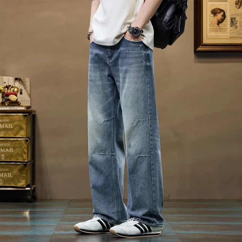 

Men's Straight Stretch Jeans | Elastic Waist Summer Casual | Blue Washed Denim Lightweight Cotton Business