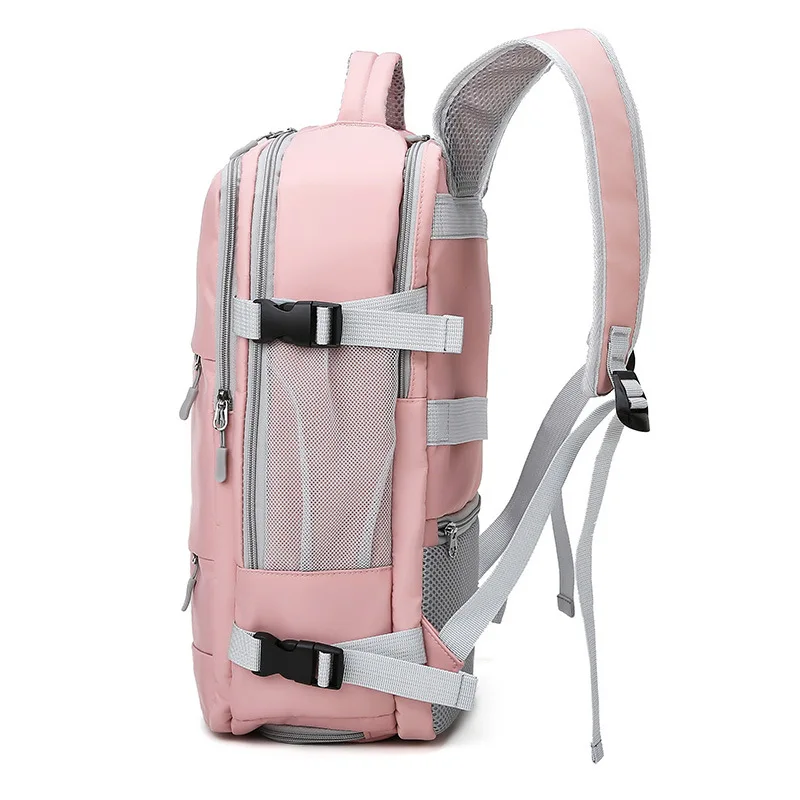 Mochila de viagem antiroubo repelente à água para mulheres, mochila casual elegante com alça de bagagem, porta de carregamento USB rosa