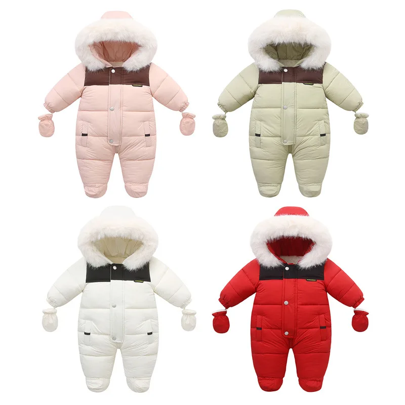 

Newborn Girls Winter Jumpsuit Contrast Hooded Cotton Quilted Footed Overalls For Baby Boys Plus Velvet Thicken Infants Rompers