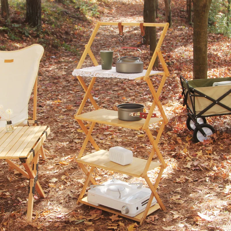 Outdoor Rack Camping Foldable Multi-layer Portable Installation-free Bamboo Storage Rack Multifunctional Folding Table With Bag
