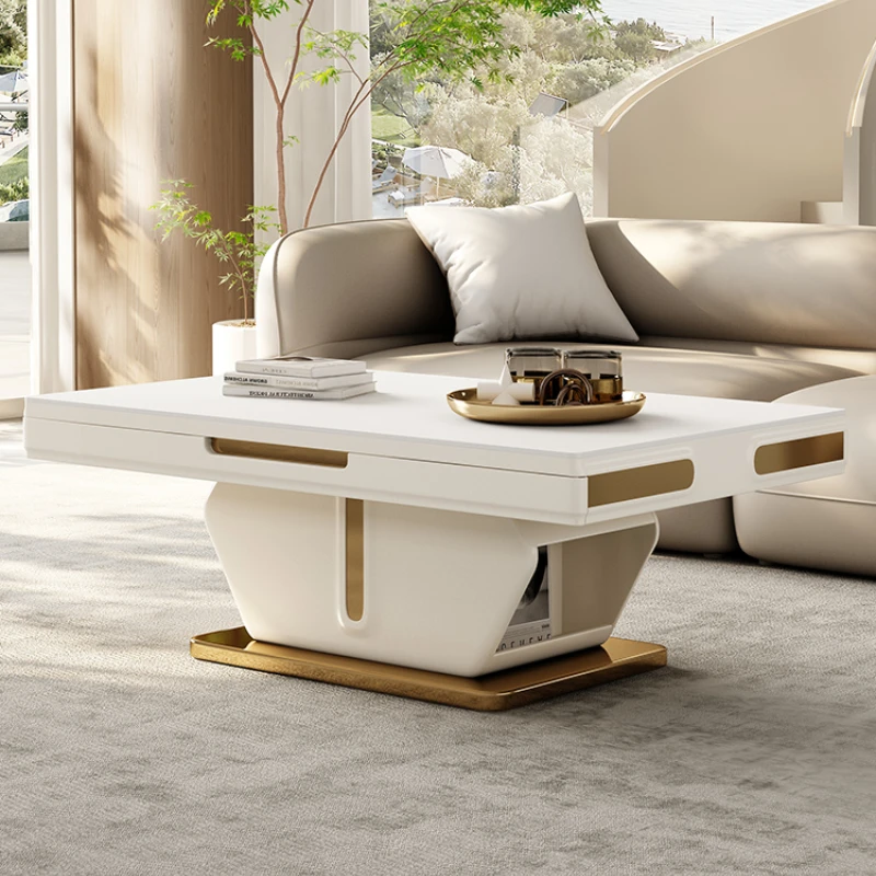 Lifting and Foldable Stone Plate Coffee Table Dual-Purpose in One Modern Minimalist Living Room Rectangular Cream