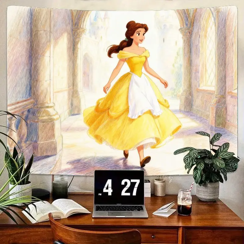 

1 шт., желтый гобелен принцессы Диснея Белль, сказочный полиэстер, настенное искусство для гостиной, спальни, детский декор, подарок для девочек