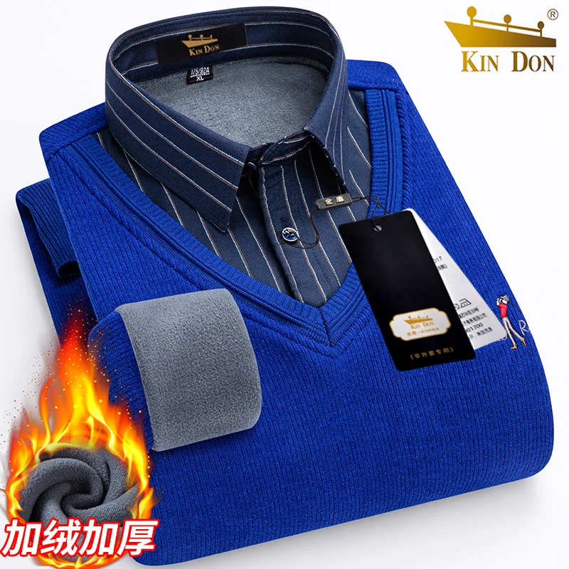 Męska koszula z długim rękawem pogrubiona ciepła dzianina fałszywe dwa wysokiej jakości jesienno-zimowa moda wygodna wszystko na ulicy