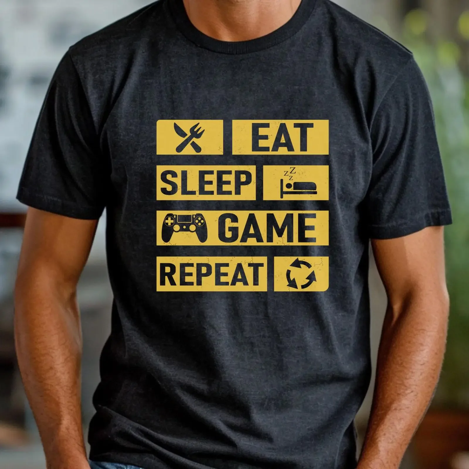 Eat Sleep Game Repeat T Shirt Gamer Jersey vintage Washed Casual graphic Unisex fashion Comfortable Stretched Stylish Versatile