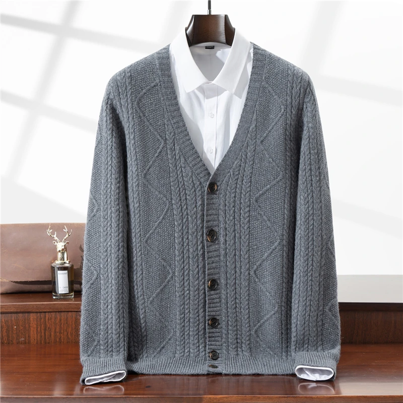 

Men's Knitted Sweaters Cardigan V-Neck Twisted Flower 100% Merino Wool Thick Knit Jacket Winter Autumn Male Clothing Tops