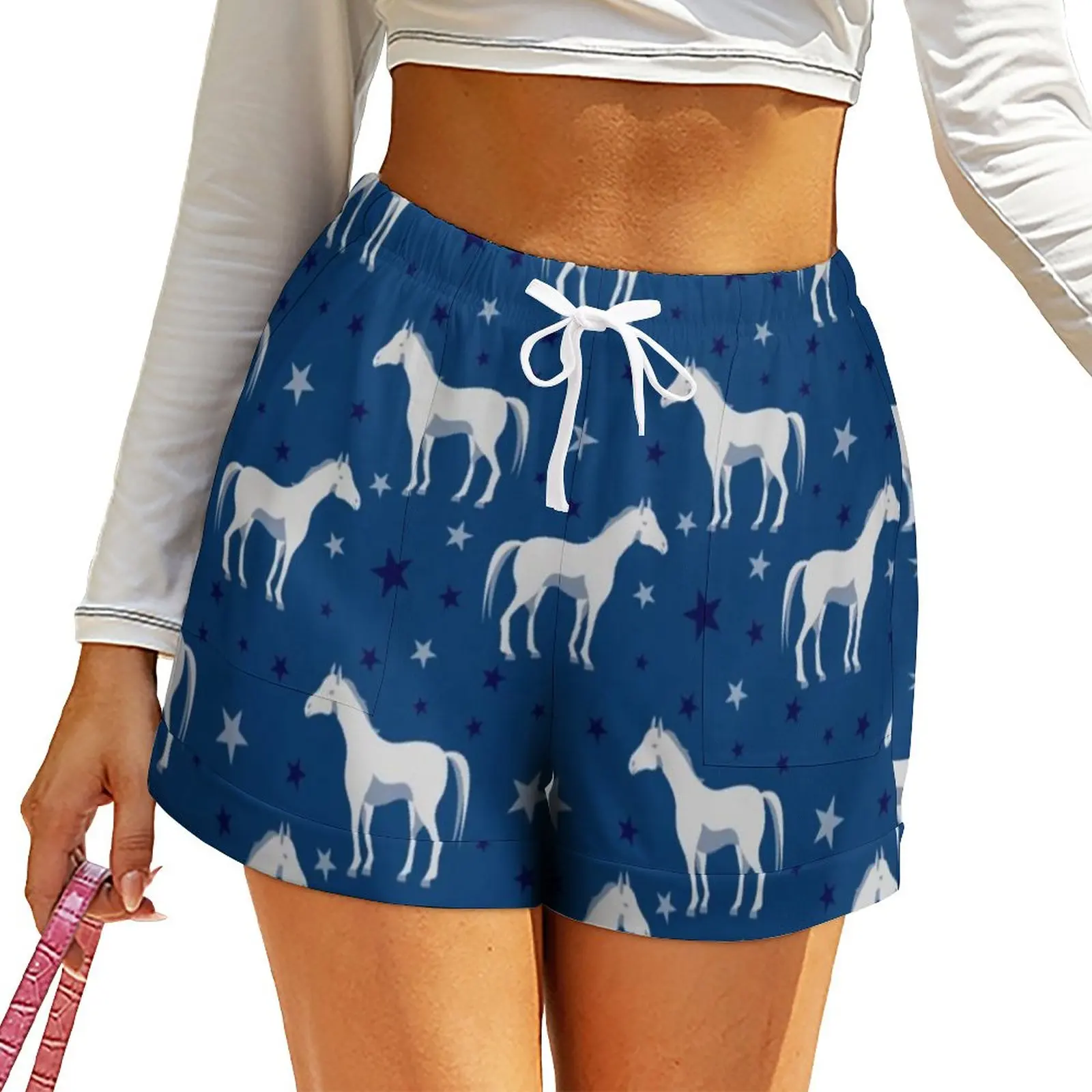 White Horse Stars Shorts Ladies Horses Trendy Blue Star Print Casual Graphic Shorts Oversize Short Pants Summer Elegant Bottoms