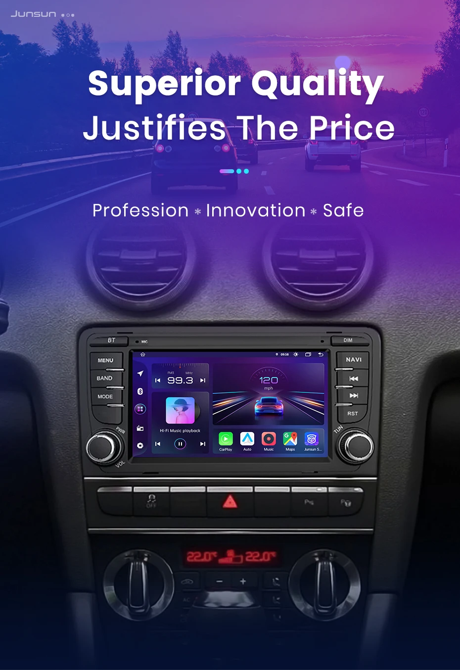Junsun 7" Kabelloses CarPlay für Apple Android Auto Autoradio für Audi A3 8P S3 RS3 2003-2012 GPS-Navigation SWC Bluetooth FM RDS DSP IPS Touchscreen Intelligente Fahrzeugsysteme KI-Sprachsteuerung 4G WiFi 8-Kern Plug&Play Haupteinheit – Detail 12
