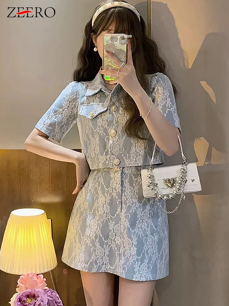 

Korean Women Summer Lace Short Sleeve Denim Coats Cropped Tops + Slim Skirt Suit Set Ladies Sweety Party 2 Piece Sets Outfits