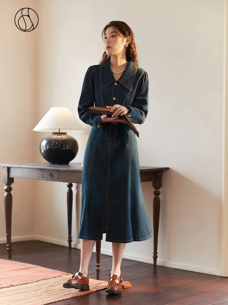 

DUSHU Polo Neck Puff Sleeve Women Dress 100% Cotton Temperament Denim Blue Dresses 2023 Spring Mid-Length A-LINE Skirts