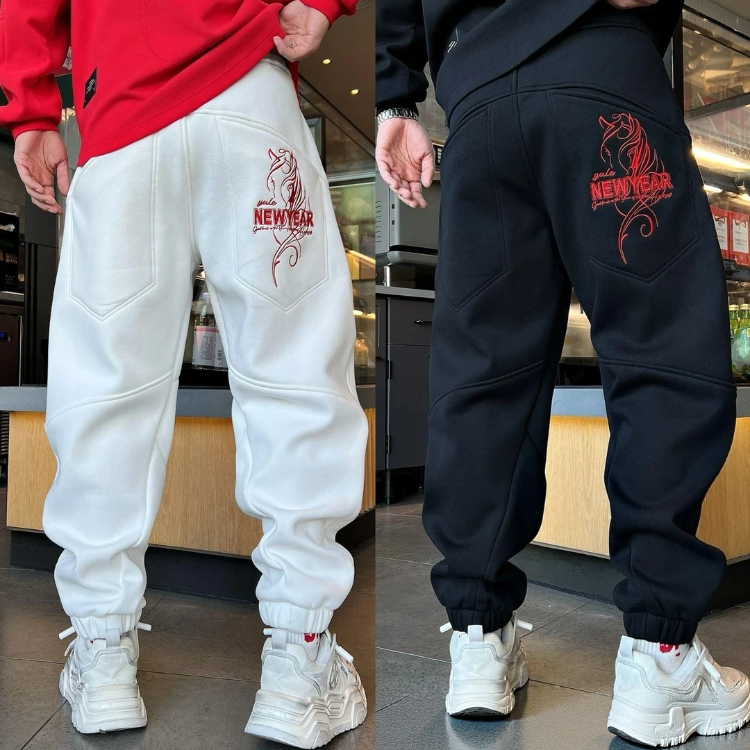 

Новые зимние модные повседневные брюки с вышивкой и манжетами, мужские свободные утягивающие длинные брюки в американском стиле