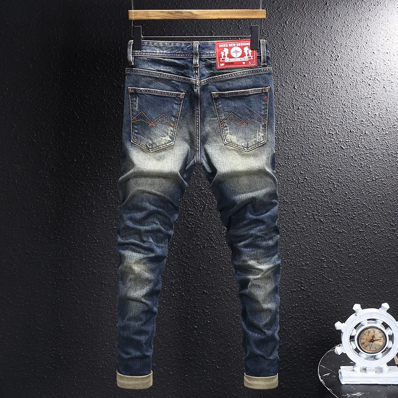 Vaqueros bordados RetroY2K de moda para hombre, vaqueros ondulados adelgazantes elásticos azules lavados Retro de alta calidad, Je de diseñador italiano
