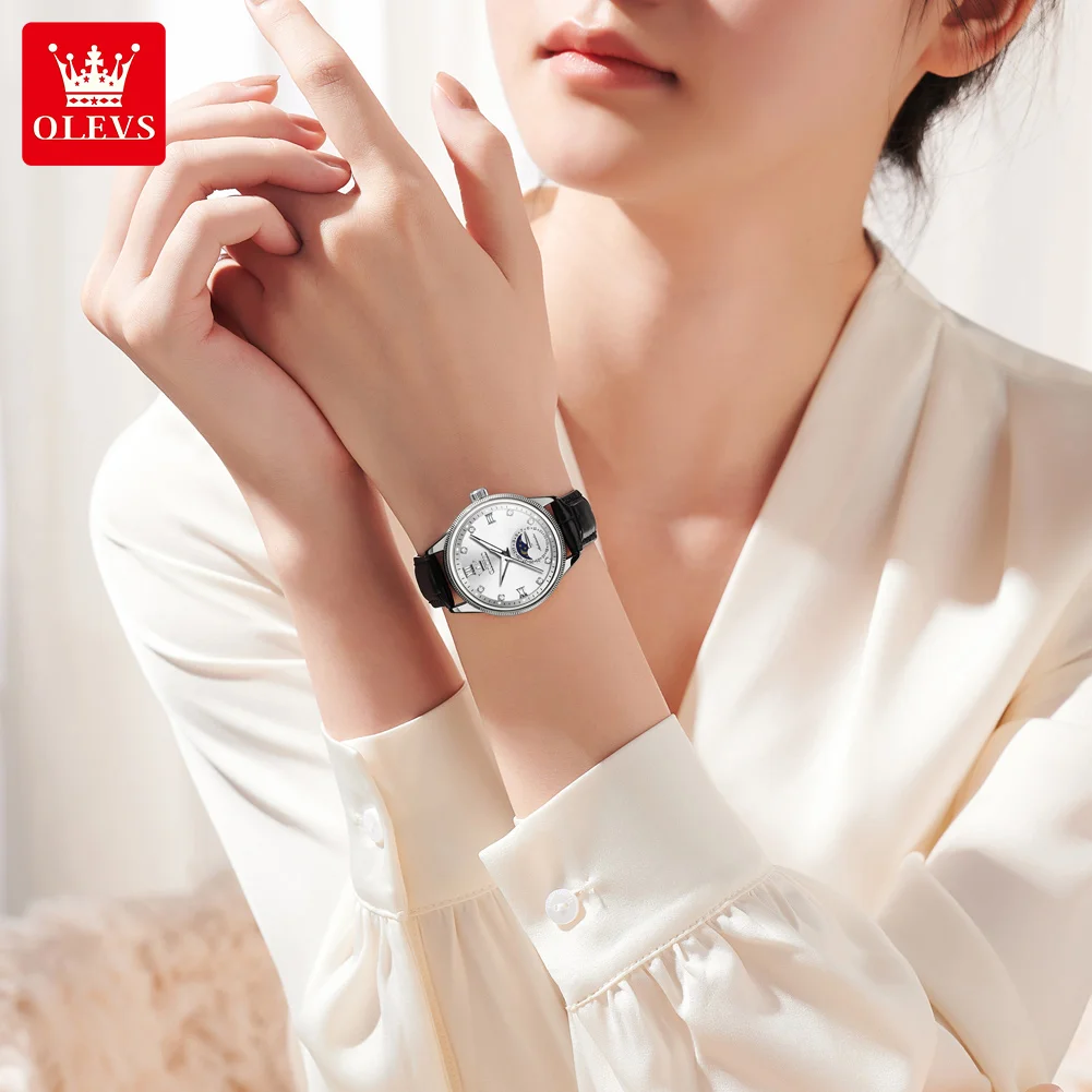 OLEVS 7039 Womens Watch Original Automatic Mechanical Wristwatch Leather Strap Reloj Mujer Waterproof Luminous Moon Phase Watch