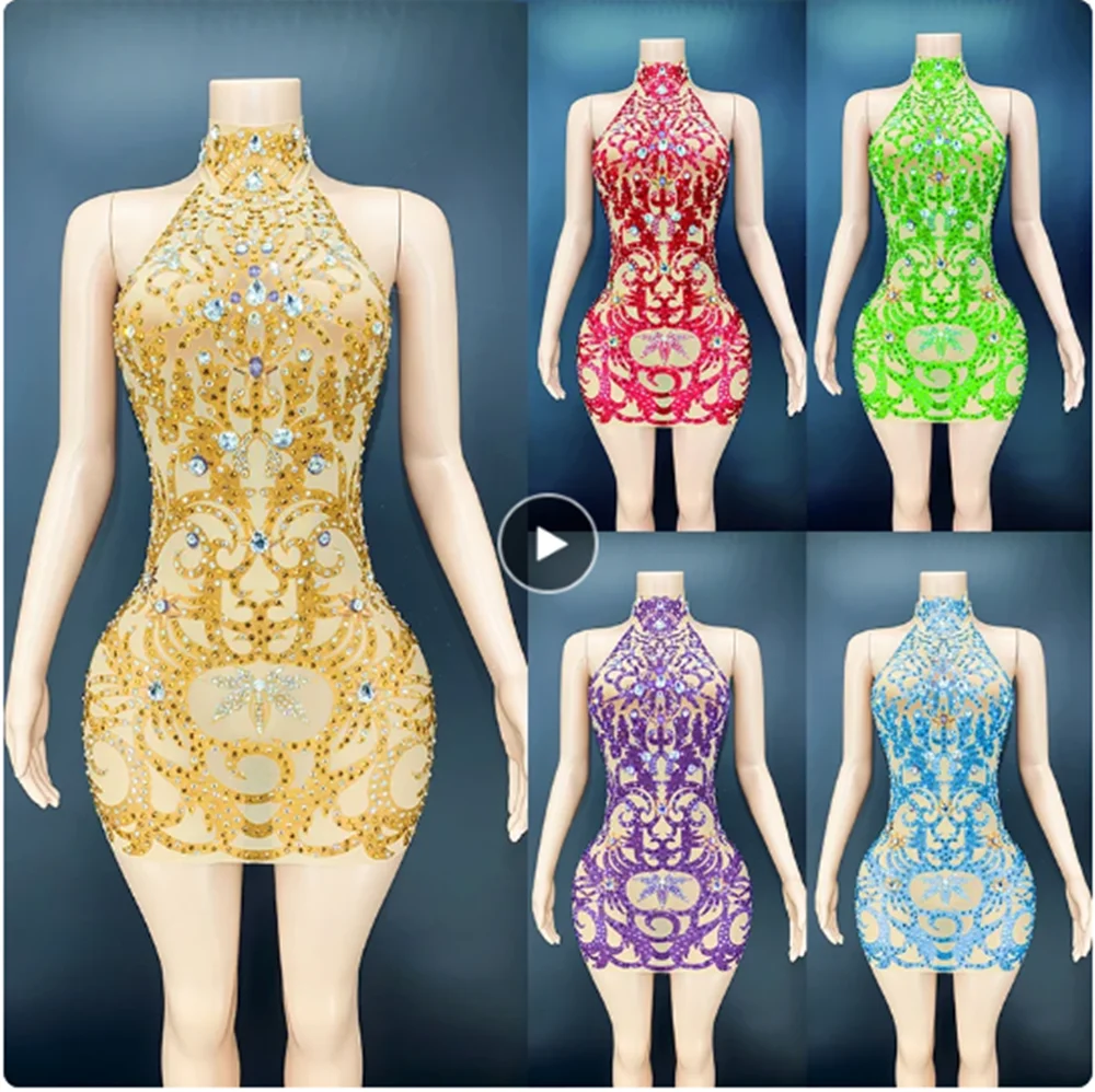 Sexy Backless Rhinestone Dress Stretch Printing Prom Party Evening Dresses Singer Gogo Dancer Performance Costume