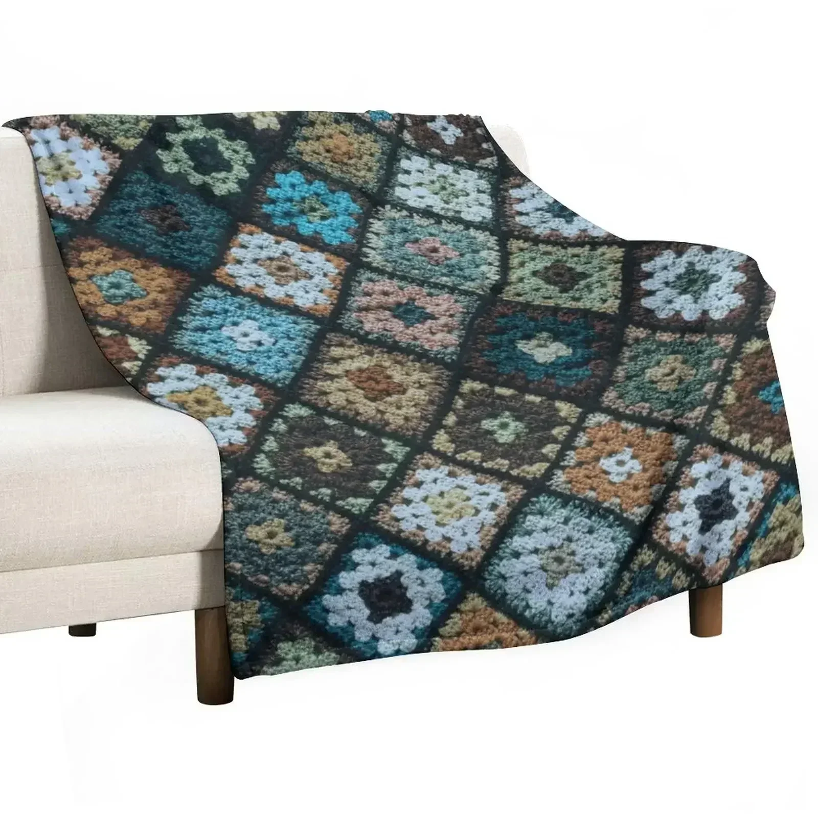 Crochet granny square pattern blue Throw Blanket Camping Plaid Fashion Sofas Large Blankets