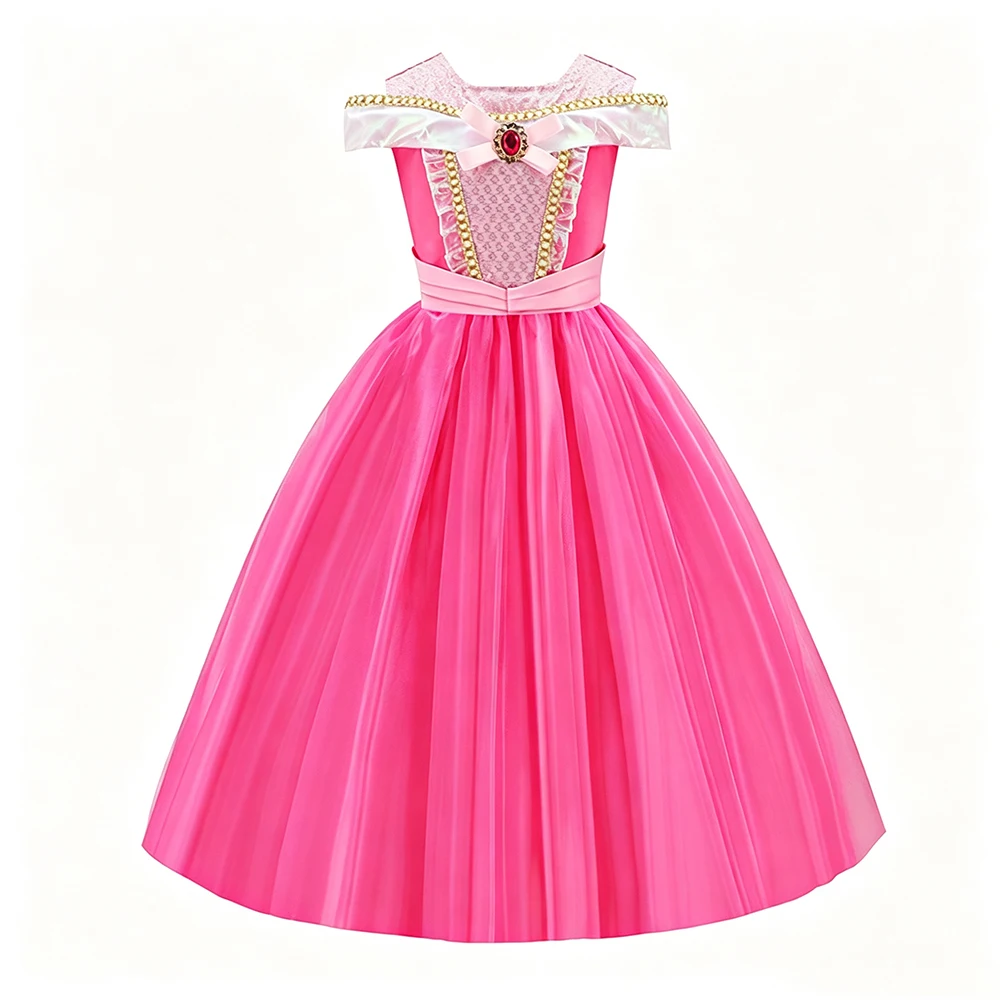 Kinder Rosa Feenprinzessin Kostüm Mädchen Geburtstag Schulterfreies Ballkleid mit Krone Zauberstab Handschuhe Set Kinder Halloween Kostüme – Detail 3