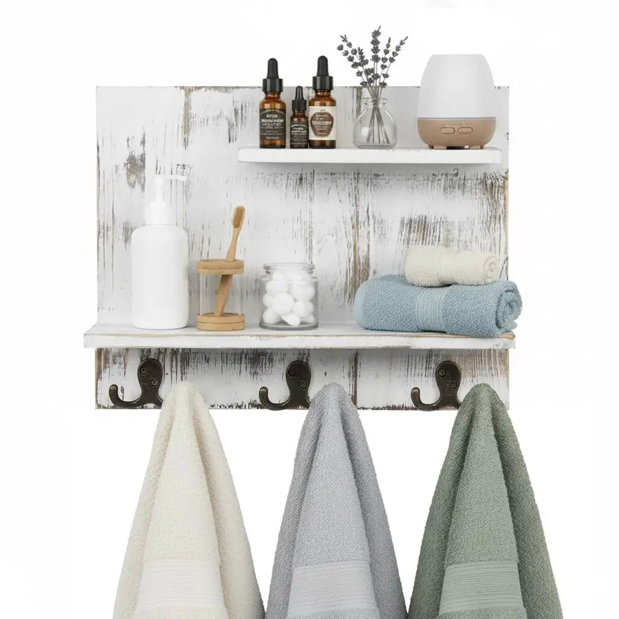 

Двухуровневые настенные полки для ванной комнаты из массива дерева в стиле шебби-шик, белые, с эффектом состаривания, декоративная плавающая полка для прихожей с 6 крючками