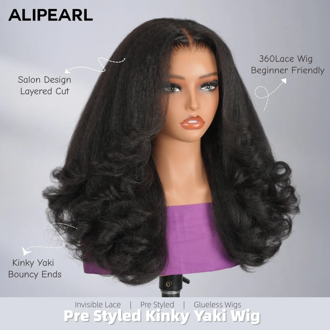 AliPearl Glueless 220%Density Yaki Straight Invise Drawstring 360 Lace Wig With Curly Ends Pre Styled Ready to Go Human Hair