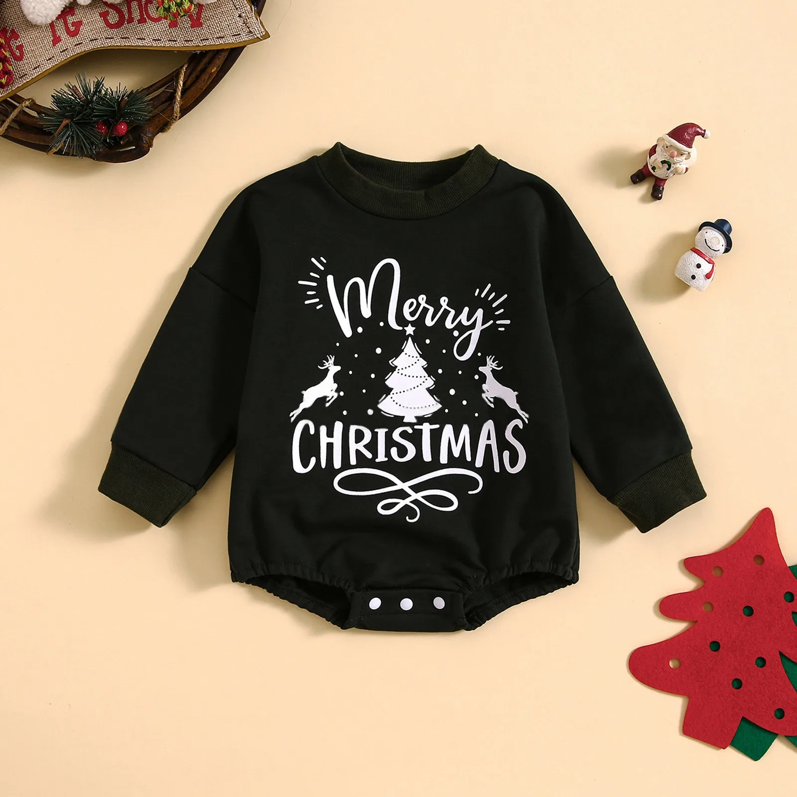 Newborn Baby Girl Boy Christmas Outfit Retro Christmas Tree Crewneck Sweatshirt Romper Oversized Fall Winter Bodysuits Clothes