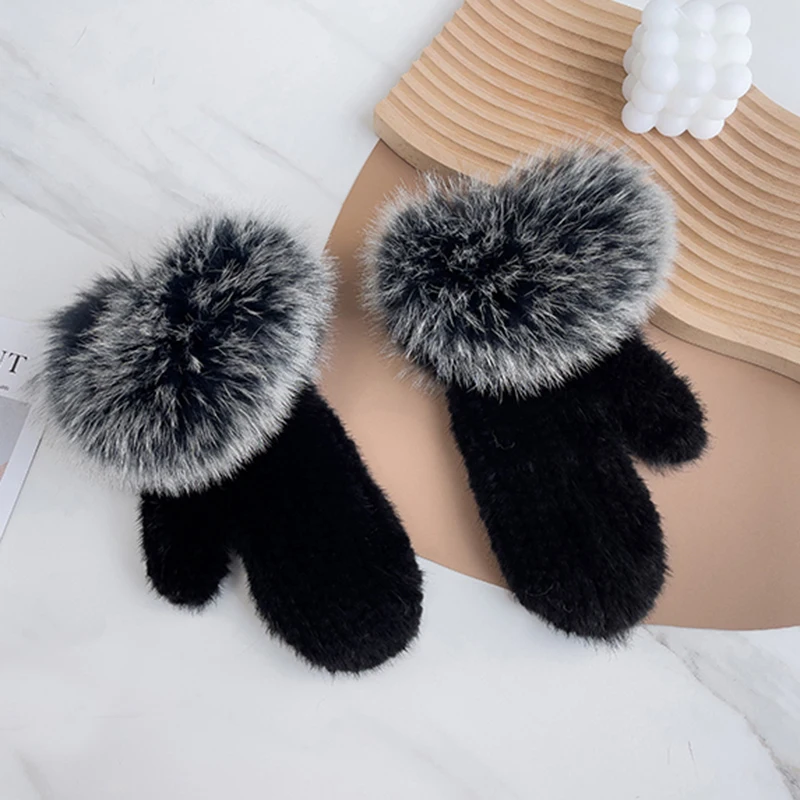 Luxury Women Natural Mink Fur Mittens Fox Fur Trimming Real Mink Fur Gloves Ladies Fur Elastic Hand Made Drop Shipping