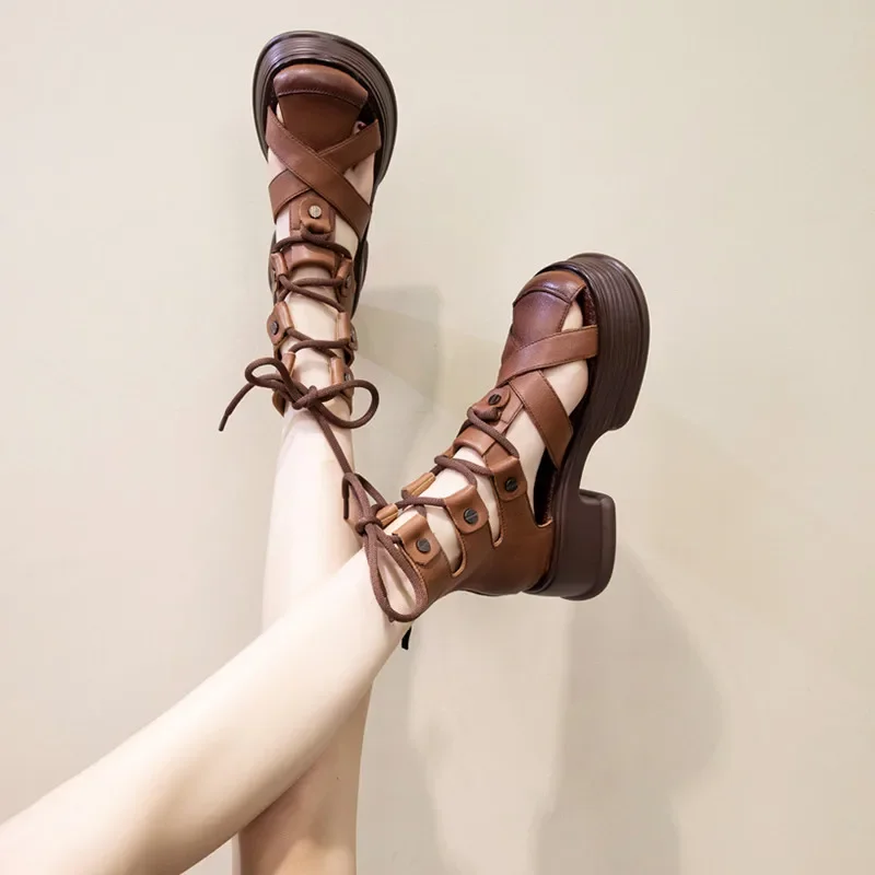 Brown Hollow Closed Toe Platform Mid-calf Sandals Woman Summer Roman Rear Zipper Thick-Sole Summer Mesh Fashion Motorcycle Boots