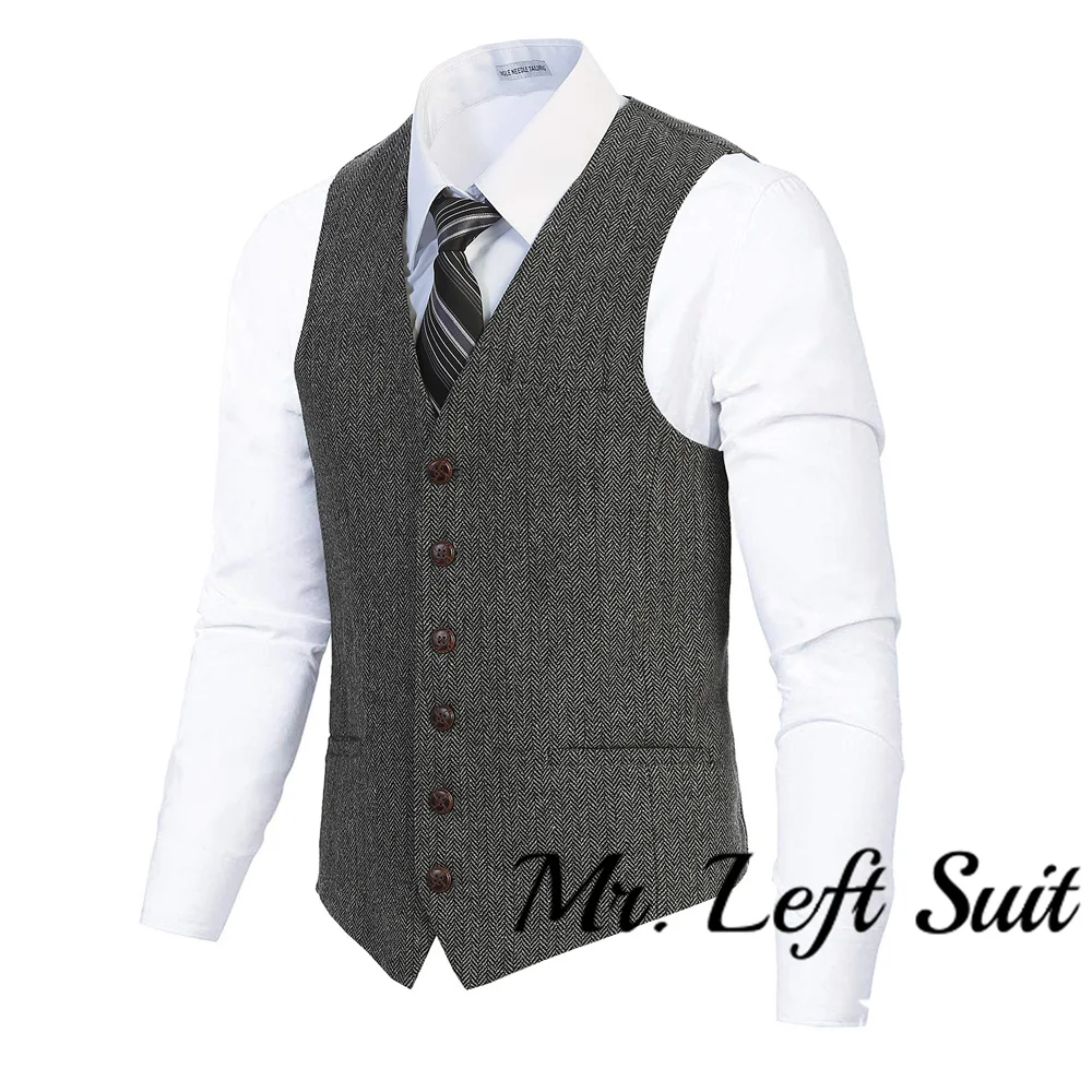 Brown Mens Suit Vest V Neck Wool Herringbone Casual Formal Business Vest Waistcoat Groomman For Wedding