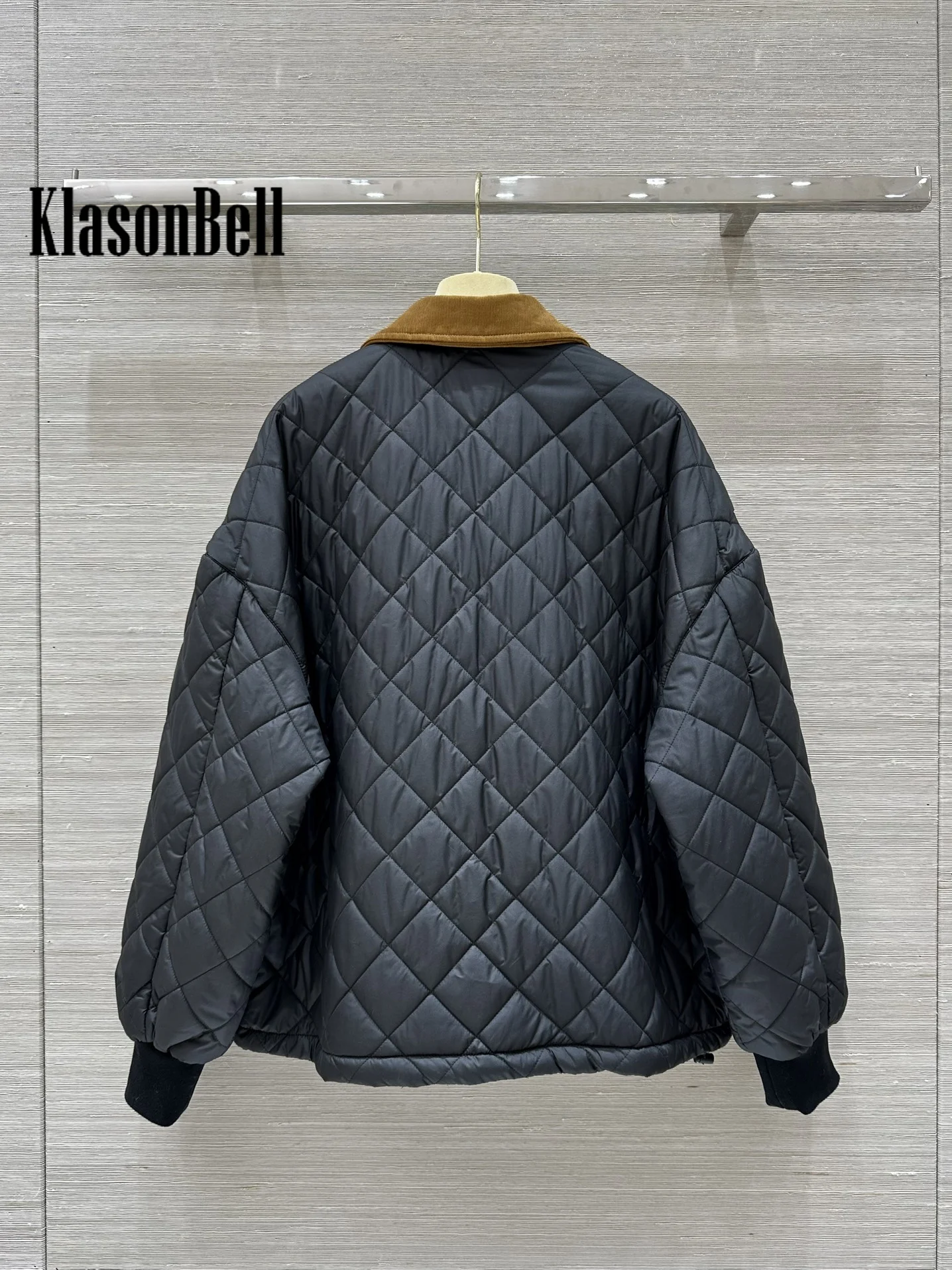 9.8 KlasonBell Women 2024 Autumn Winter New Quilted Argyle Plaid Corduroy Lapel Spliced Parkas Hem Adjustablewstring Design Coat